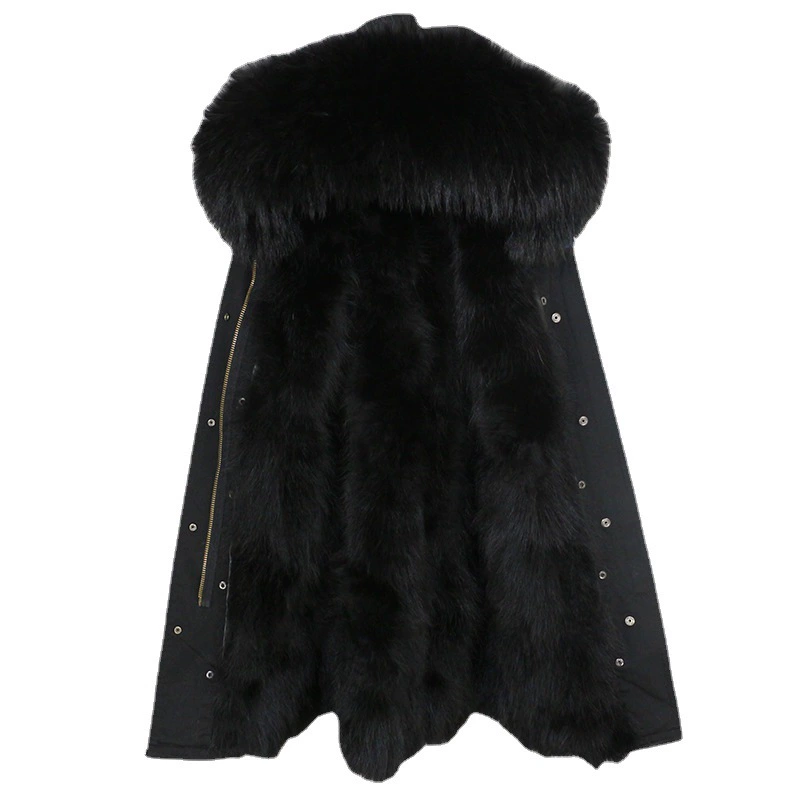 Raccoon‑dog fur mid‑length parka with large fur hood, water‑resistant outer, sizes XS–XXL