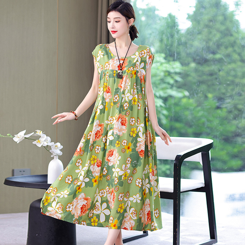 お母さんの綿のシルクのワンピースの半袖の中で老年の夏服の大きいサイズの婦人服は太ってゆったりしている人工綿のスカートの女性をプラスします。|undefined