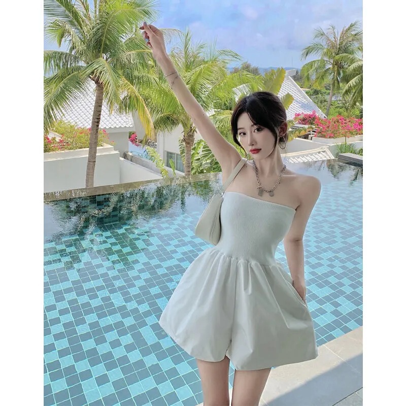 Seaside Tube Top Jumpsuit Women's High Waist Slim Loose Wide Leg Shorts Summer New Large Size Dress Pants