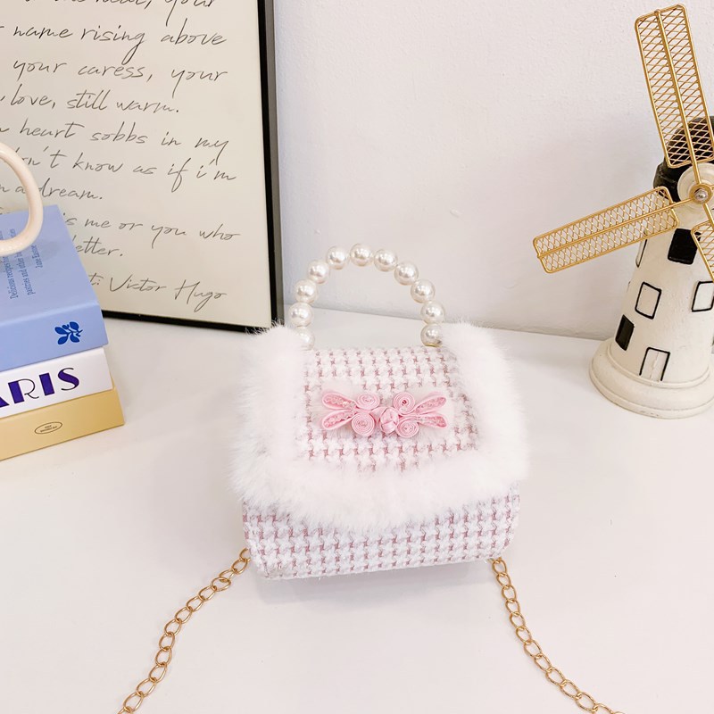2025 bolsos de Año Nuevo para niños bolsos de perlas princesa de estilo cuadrado bolsos de hombro de cadenas de peluche niñas