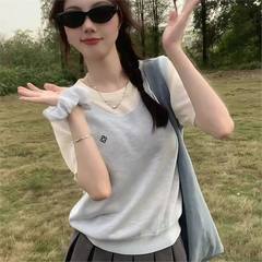 蓝色圆领拼接假两件短袖T恤女夏装薄款小个子冰丝防晒针织衫上衣