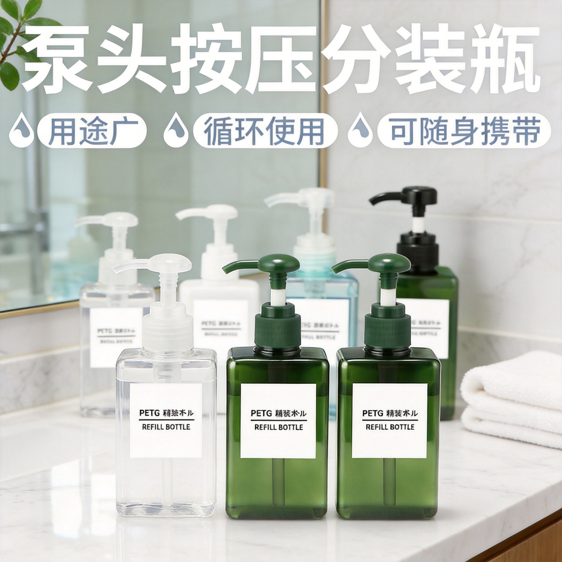 Press-type shower gel refill bottle, hand sanitizer, shampoo replacement plastic bottle, portable lotion bottle for business trips and travel