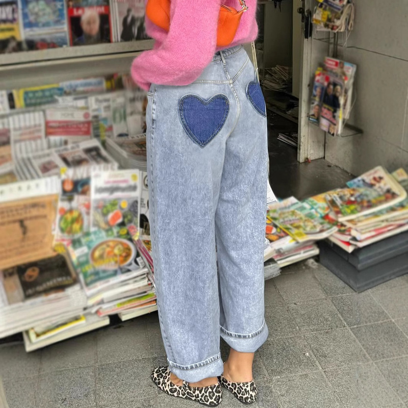 ZT27 Heart Shape Graphic Loose Street Costume Washed Blue Casual Style Zipper Button Opening Jeans