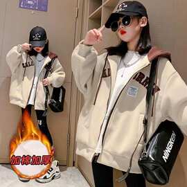 女童加绒外套中大童秋冬新款韩版宽松洋气连帽运动风开衫拉链衫潮