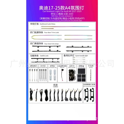 Suitable for 2017-2025 Audi A45B9 car modification, in-car interior APP-controlled music ambient lighting with 64 colors