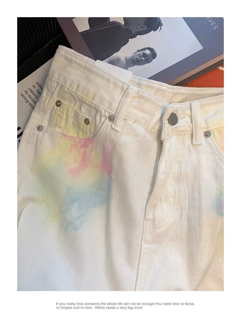 新款美式扎染涂鸦高腰牛仔裤女设计感小众时尚宽松直筒阔腿长裤子-阿里巴巴
