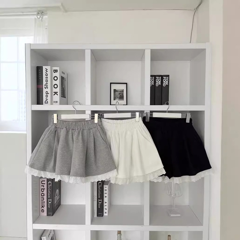 (new oxygen cotton 260g) new lace stitching elastic high waist wide leg pants temperament casual Joker shorts