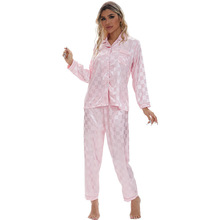 欧美跨境pink大码Lady pajamas外贸双长仿真丝方格纹家居服睡衣女