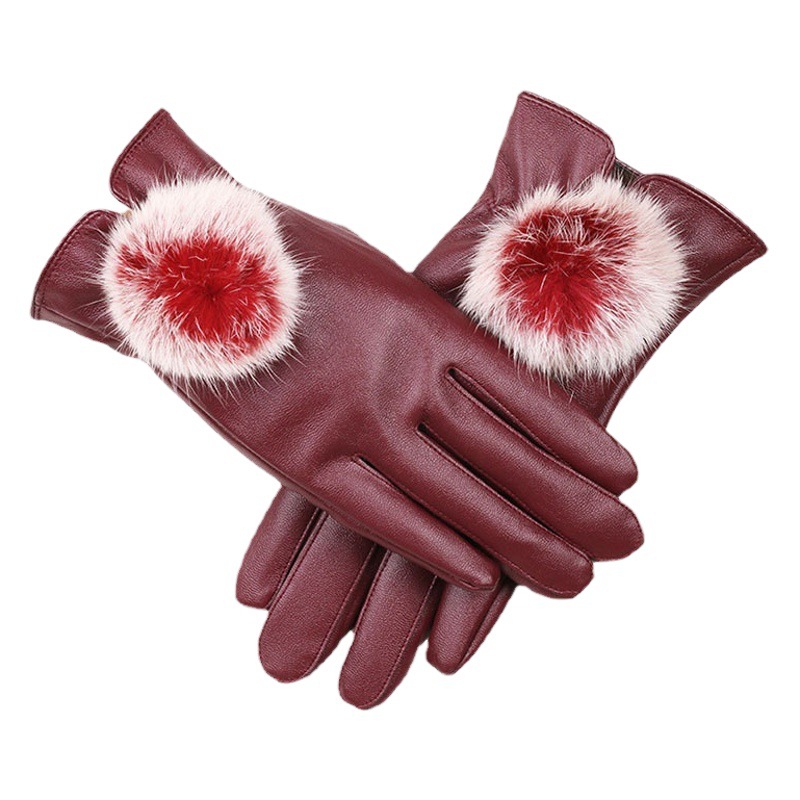 Guantes de cuero calientes guantes de bola de piel de conejo para mujer Pantalla táctil de cuero de PU lindo forro polar a prueba de frío guantes de otoño e invierno