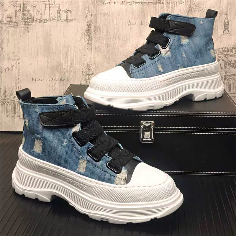Приливная мужская обувь высокого уровня, толстая подошва джинсовая, дышащая ремешка, липучка, мужская обувь сломана, старая повседневная обувь