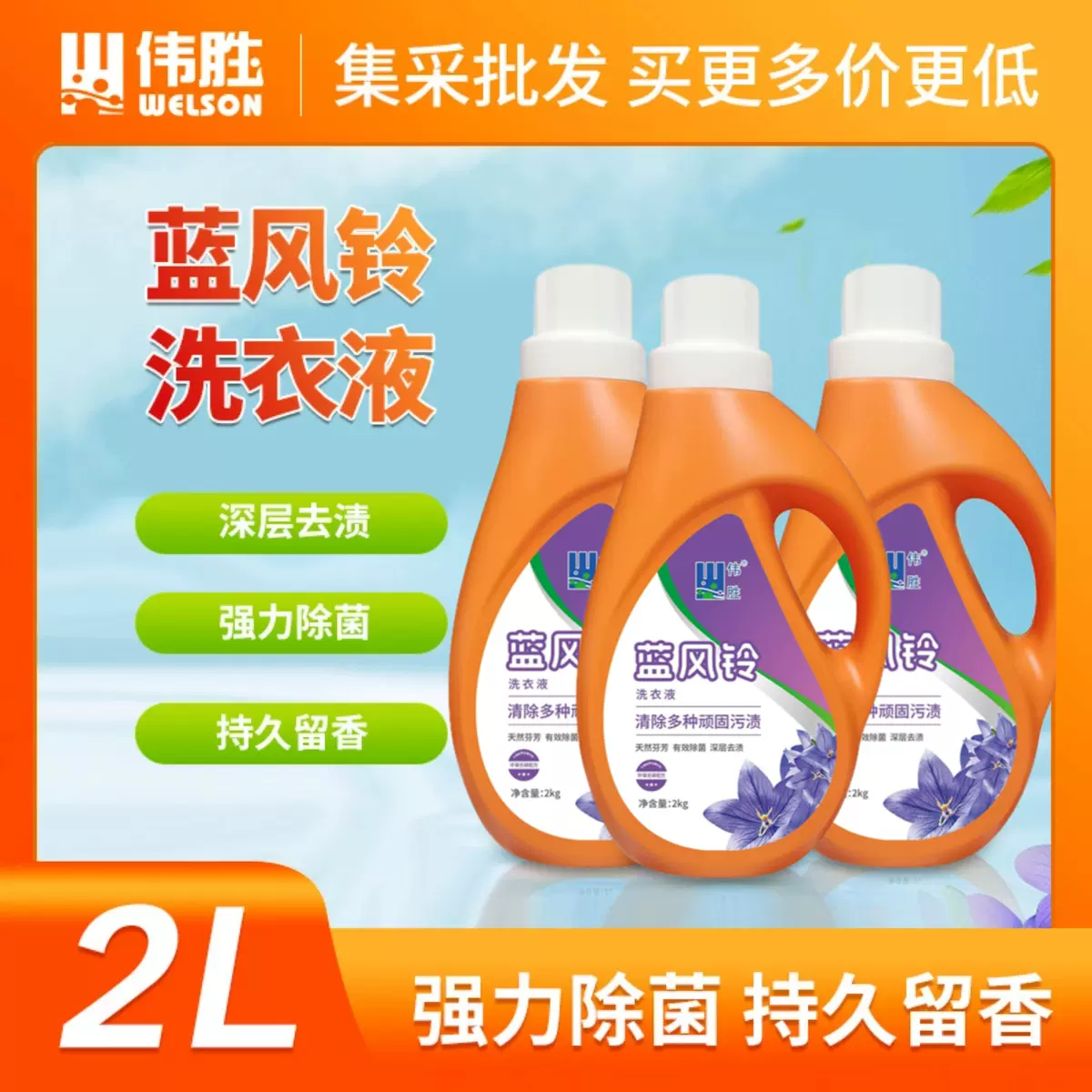 伟胜蓝风铃洗衣液持久留香增艳护色深层洁净去污渍除菌除螨2L装