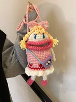 Сумка ручной вязки из шерсти, мультяшная «девочка», розовая, плетёная через плечо