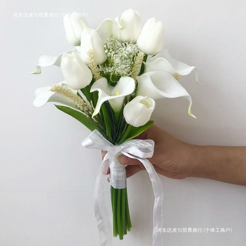 韓国造花、造花、ブライダルフォレストスタイルのブーケ、オランダカイウユリ、チューリップ、結婚式の写真撮影、証明書写真小道具|undefined