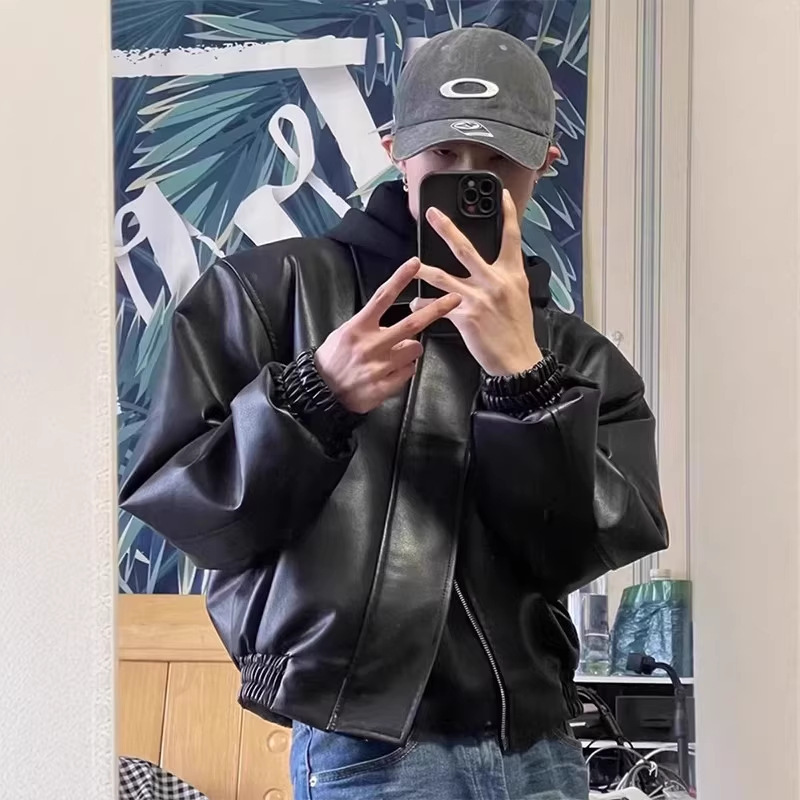 New Black Pu Leather Padded Shoulder Short Leather Jacket for Men and Women, Cleanfit Spring and Autumn Style Pilot Motorcycle Jacket