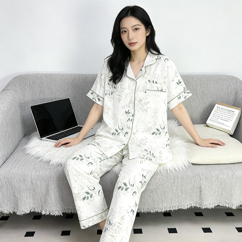 [Customized in Bulk] Women's Summer Pajama Set, Cloud Cotton Short-Sleeve Long Pants, Thin Home Wear Set, Factory Direct Sale