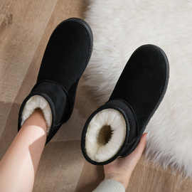 预售 棉拖鞋 兔毛2023冬季新款皮面雪地靴女棉鞋防滑学生短筒保暖