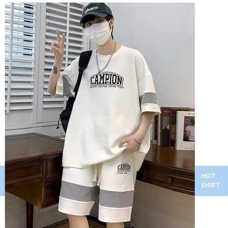 Pantalones cortos de seda de hielo traje de verano de los hombres estudiantes de secundaria delgada guapo deportes pantalones cortos casuales traje de dos piezas