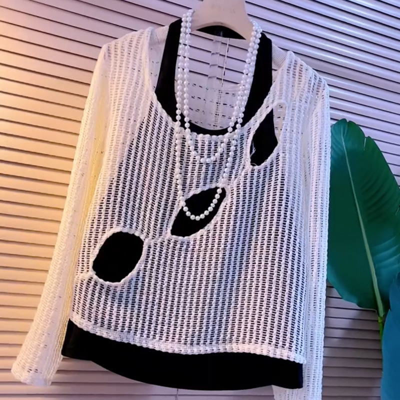 플러스 사이즈 유럽 패션 서양식 여성 디자인 슬링 할로우 니트 이른 가을 벨리 커버링을위한 새로운 올 매치 탑