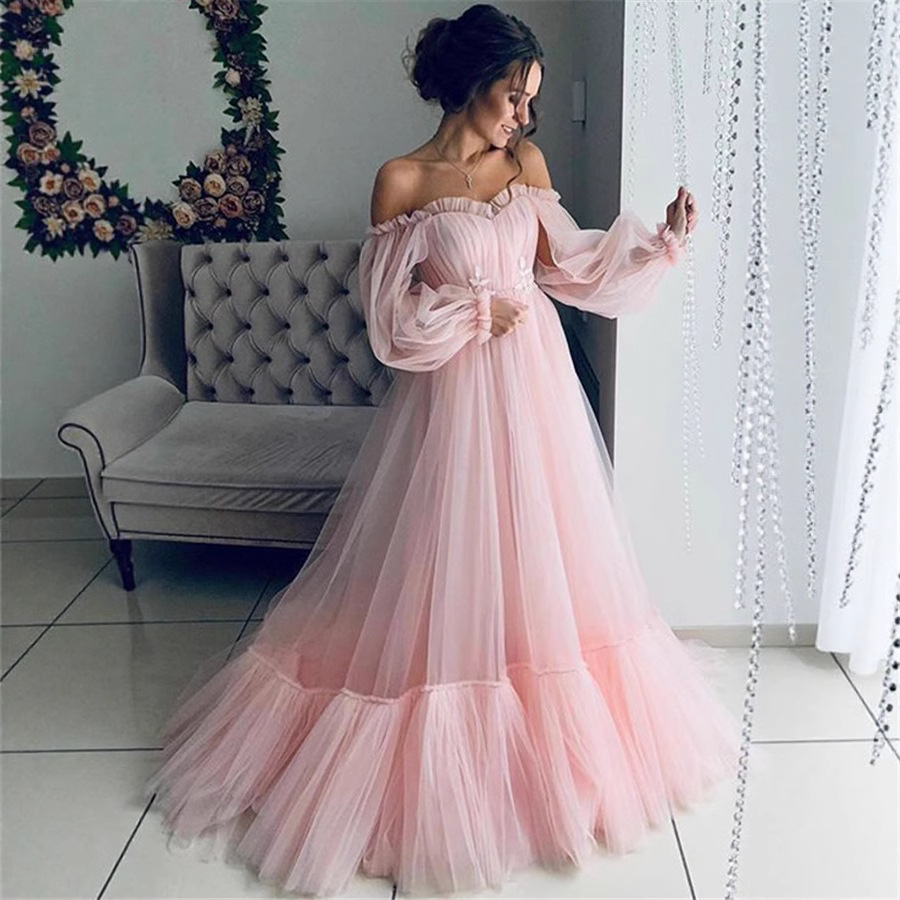 2025 nueva exportación transfronteriza europea y americana ropa de mujer deseo un hombro vestido de novia de manga larga de malla vestido con dobladillo grande