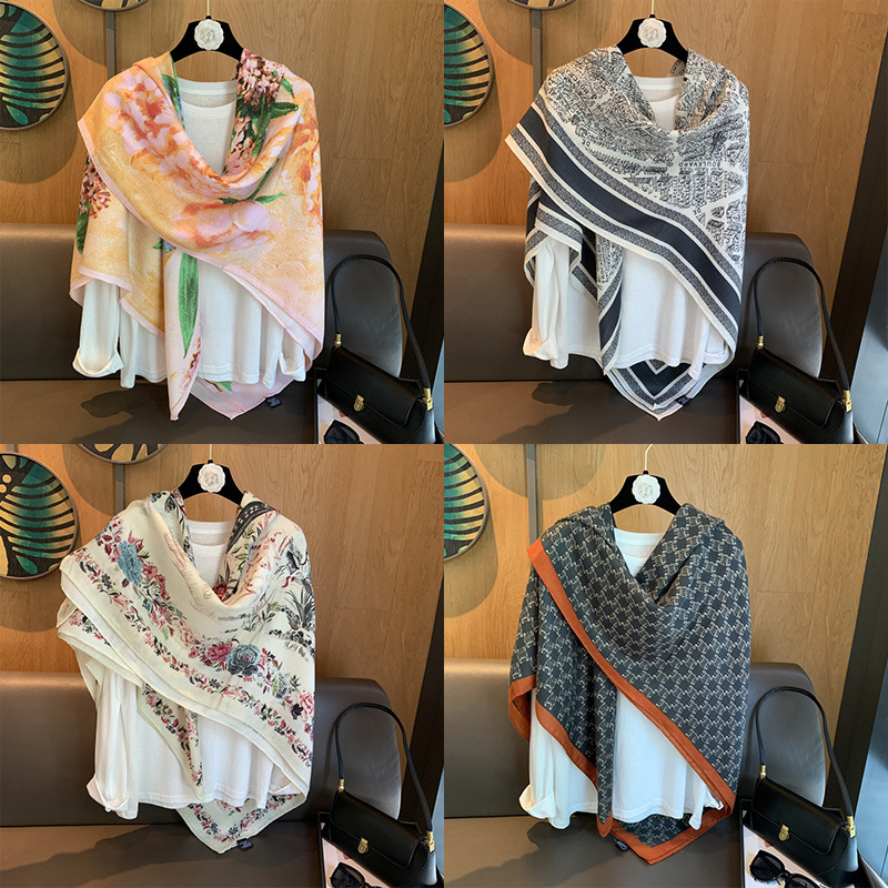 130cm square scarf, light luxury silk scarf, spring and summer large square scarf for women, dual-use sun protection shawl, fashionable silk scarf and neck scarf