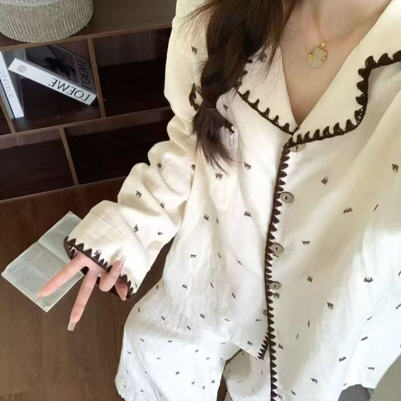 2024新型春秋タイプ長袖長ズボンのパジャマ女性ミルク糸かわいい家庭服2点セット|undefined