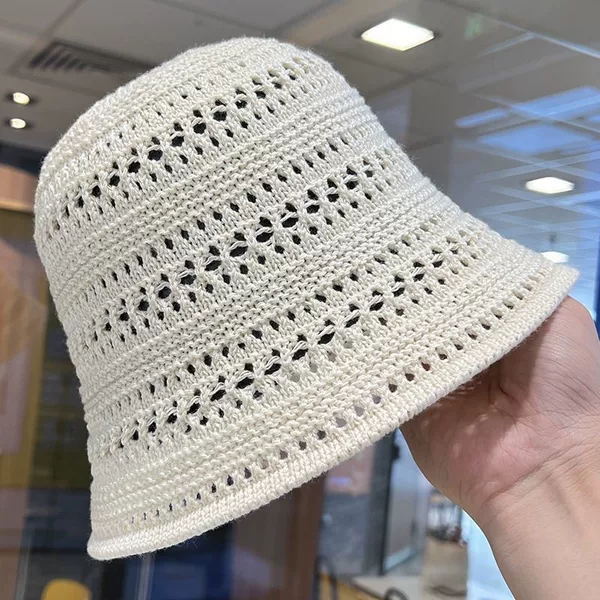 Summer Japanese-Style Solid Color Knitted Hollow-Out Fisherman Hat, Sun Protection Hat for Outdoor Use, Face-Slimming Bucket Hat, Versatile Bucket Hat