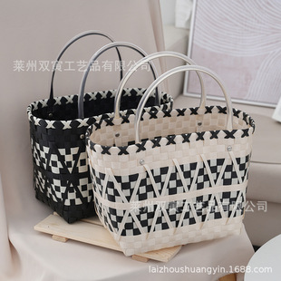 Black and white plaid texture handbag new panda color portable basket bag small shopping bags