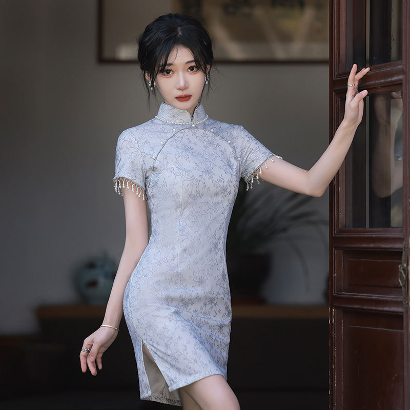改良旗袍2022年新款女夏季短袖短款小个子中国风女装年轻气质紫色
