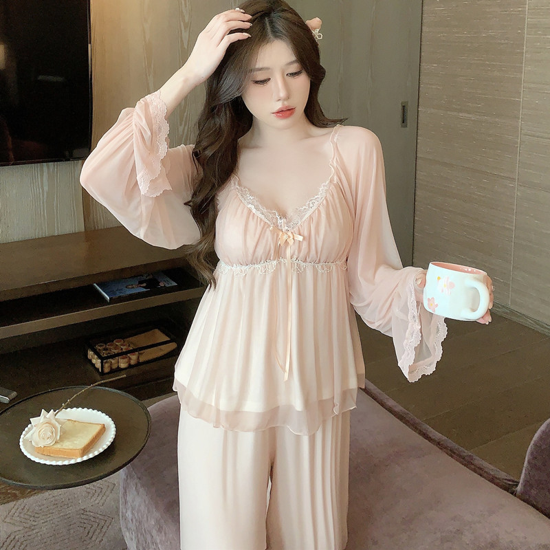 Pure desire home wear new popular online red pajamas suit lace princess modal pajamas can be worn outside home wear