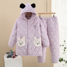 冬季三层加厚连帽睡衣女冬季法兰绒夹棉睡衣女士孕妇家居服套装