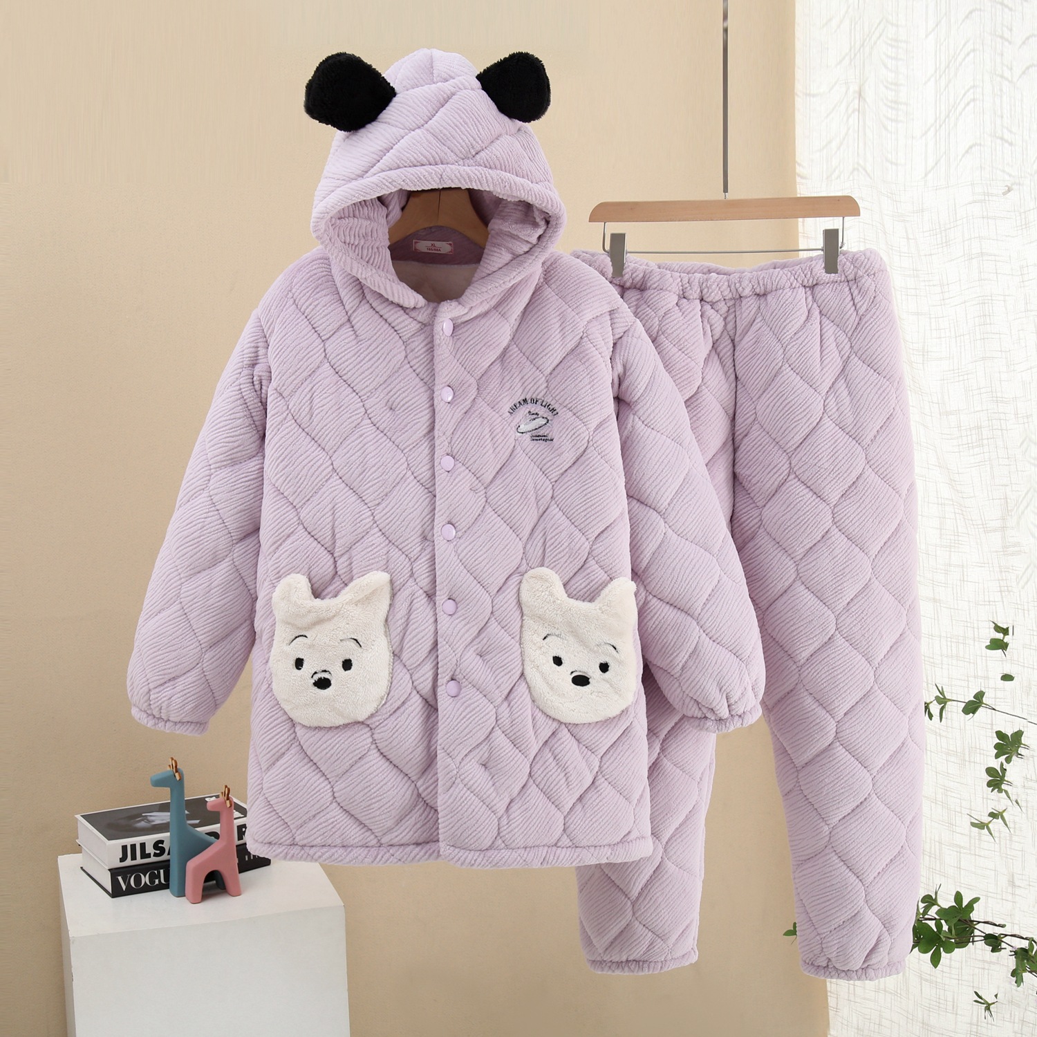 冬季三层加厚连帽睡衣女冬季法兰绒夹棉睡衣女士孕妇家居服套装