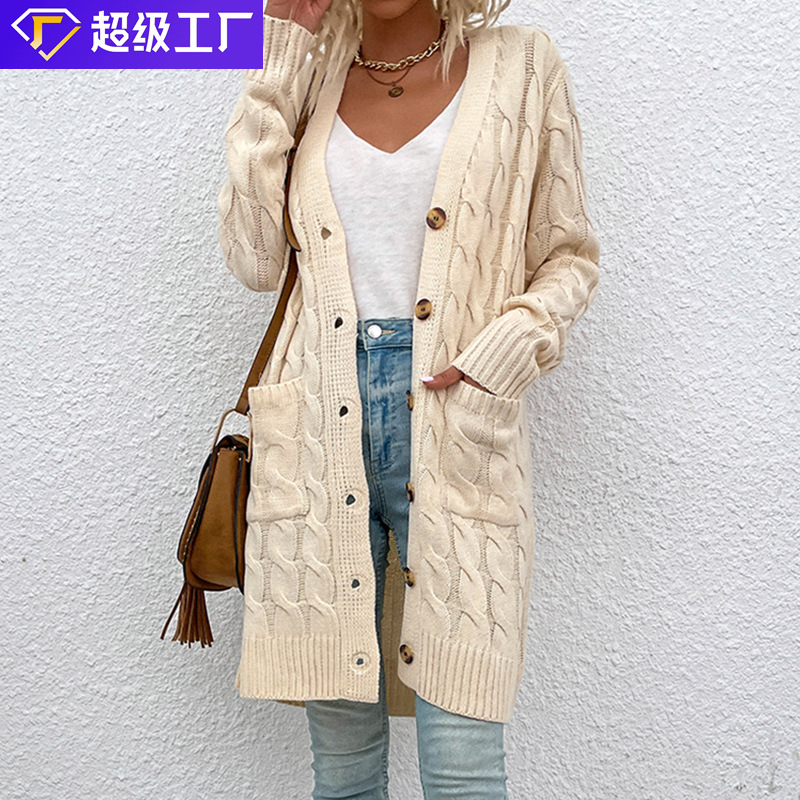Suéter de punto largo estilo lluvia fina europeo y americano para mujer, otoño/invierno 2025, cárdigan nuevo con botones, ideal para comercio exterior, disponible en Amazon.