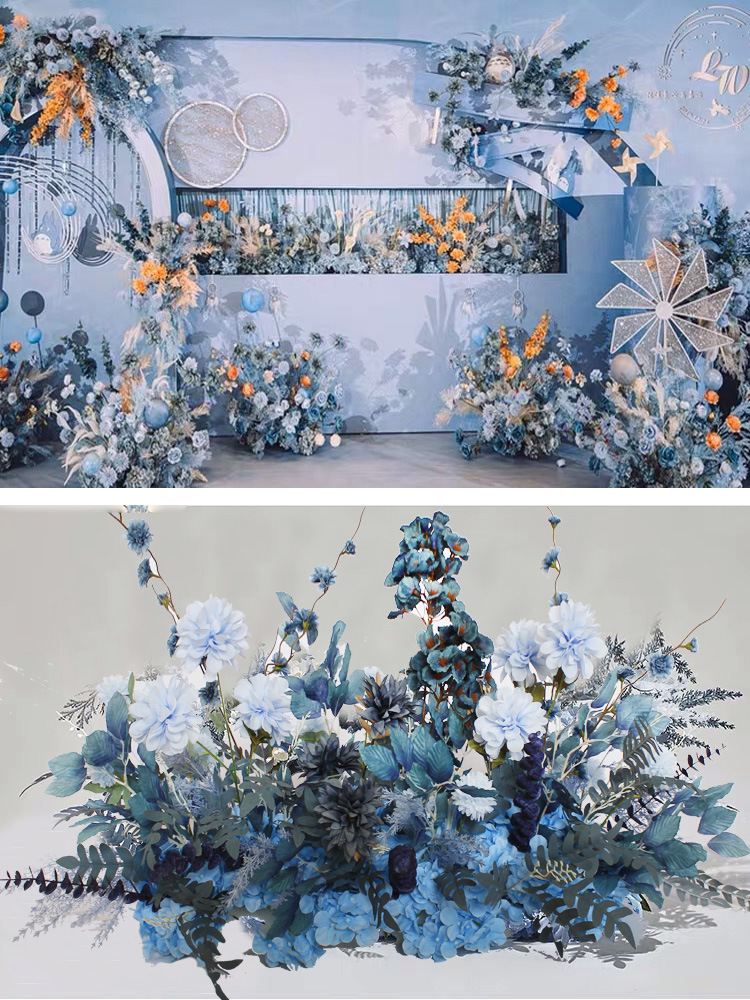 百界新款婚庆仿真花排婚礼t台路引装饰蓝色假花落地排花长款花艺