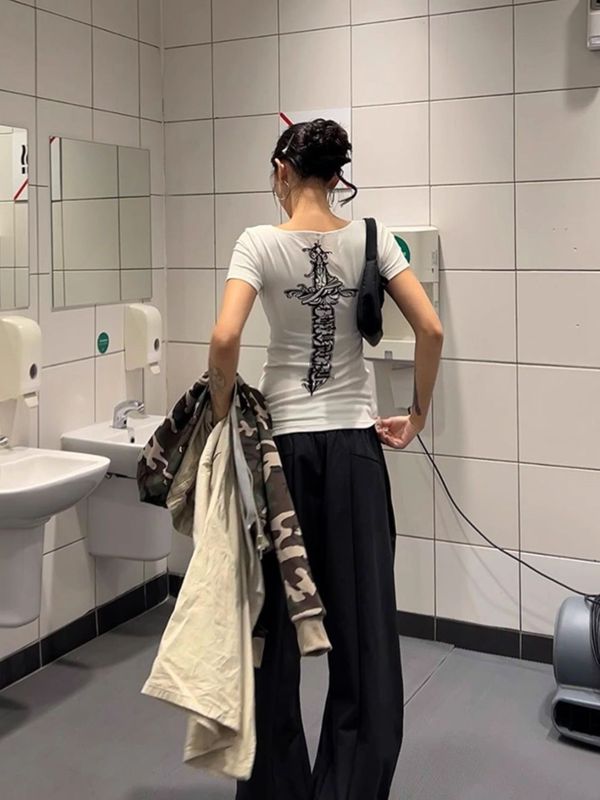 [220g 40 imitation cotton] back cross printed short sleeve T-shirt female slim V-neck jacket white