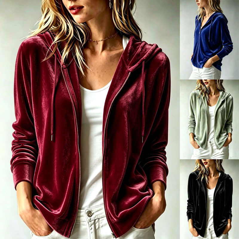 European and American style cross-border velvet hooded zip-up jacket for women, loose-fitting off-shoulder cardigan sweatshirt, casual versatile velvet top European and American style cross-border velvet hooded zip-up jacket for women, loose-fitting off-shoulder cardigan sweatshirt, casual versatile velvet top