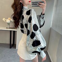 2025秋冬新款小众波点印花上衣女设计感大码灯笼袖衬衫洋气衬衣女
