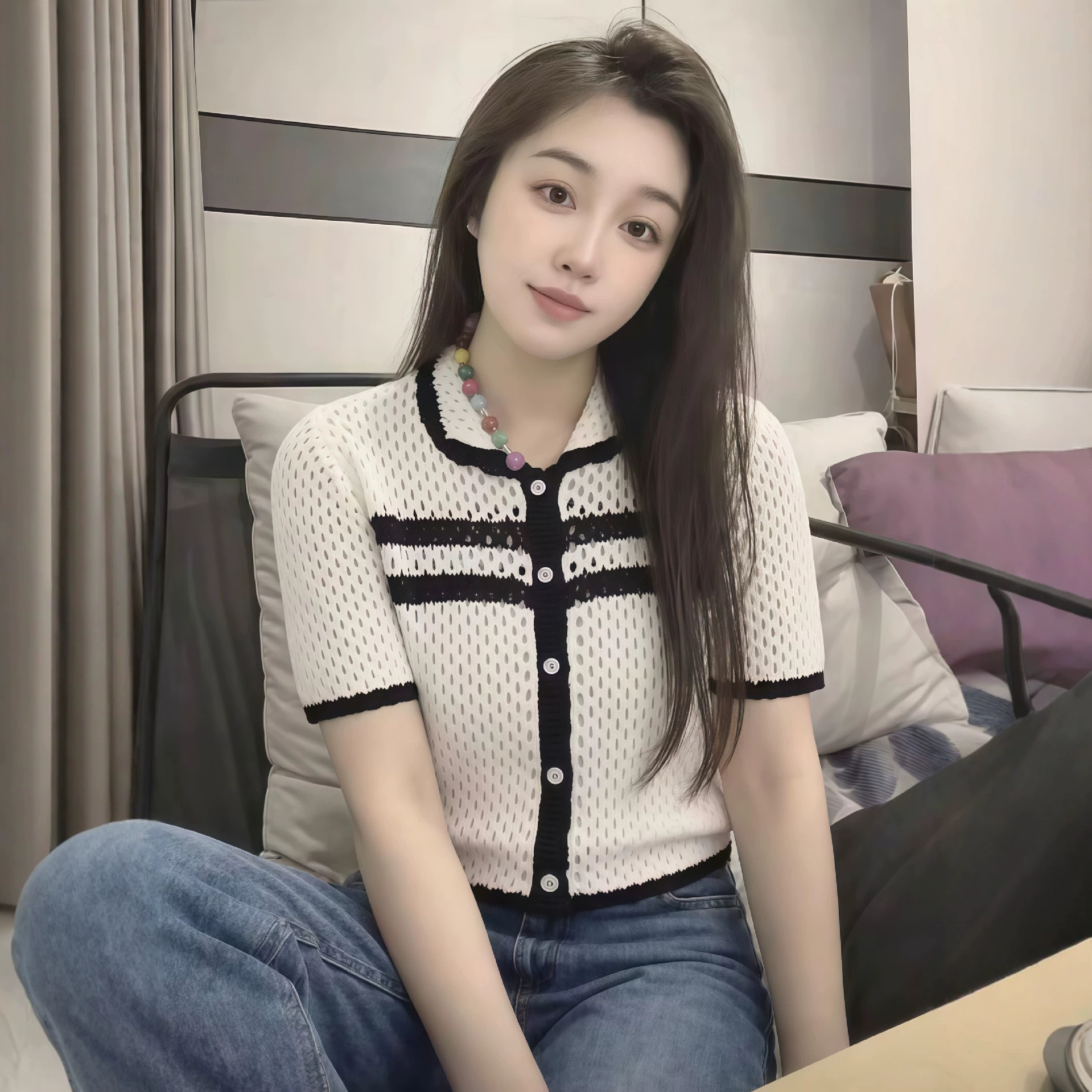 夏季新品女装通勤甜美撞色单排扣镂空POLO衫短袖上衣6427015