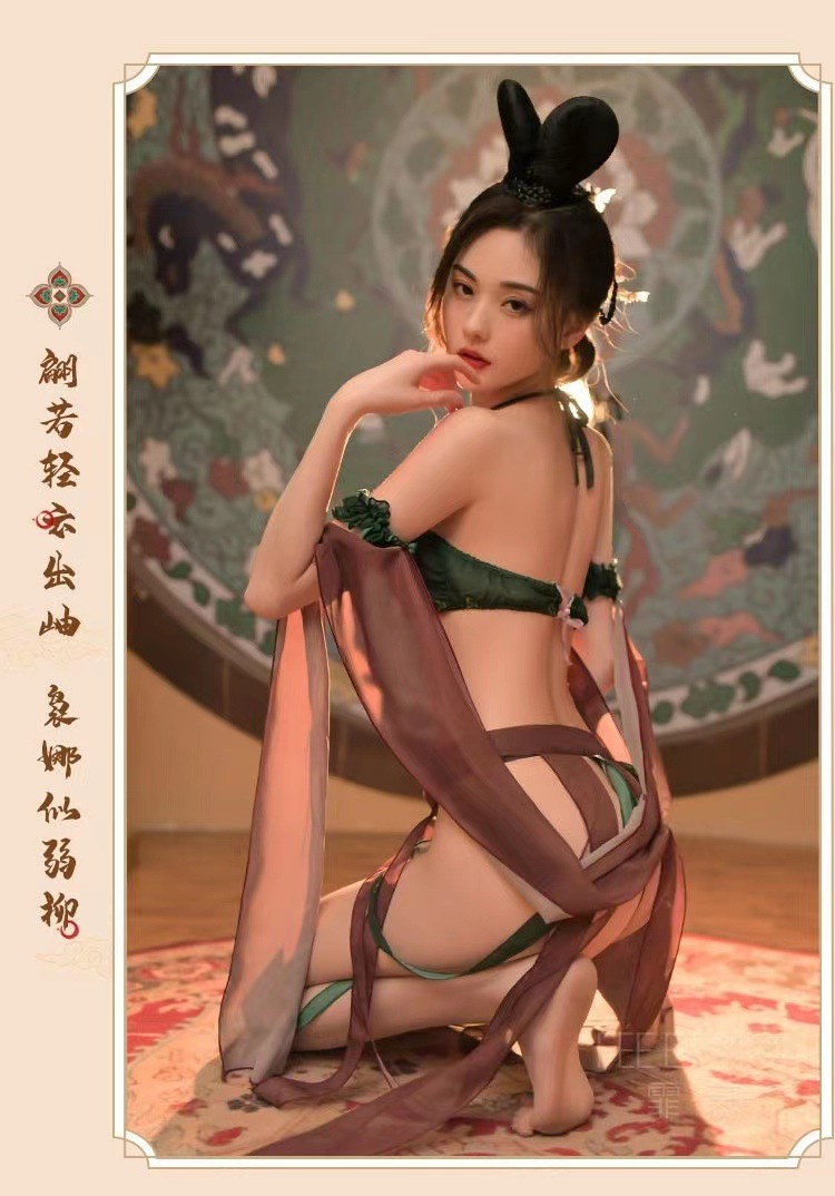 Dunhuang Apsara Hanfu Cosplay Lingerie Set, Black Mesh with Garters, Women’s Pajama Suit — detail image 14