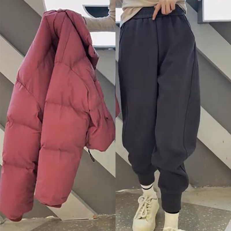冬季新款短款棉服外套+高腰束脚休闲加绒卫裤两件套女时尚套装女
