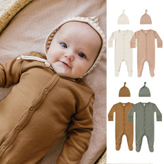 Cotton baby jumpsuit autumn baby long-sleeved cardigan newborn clothes autumn bag fart solid color romper