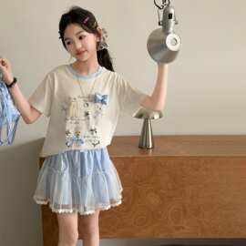 女童短袖套装夏季2026新款儿童甜美夏装T恤女大童花苞裙子两件套