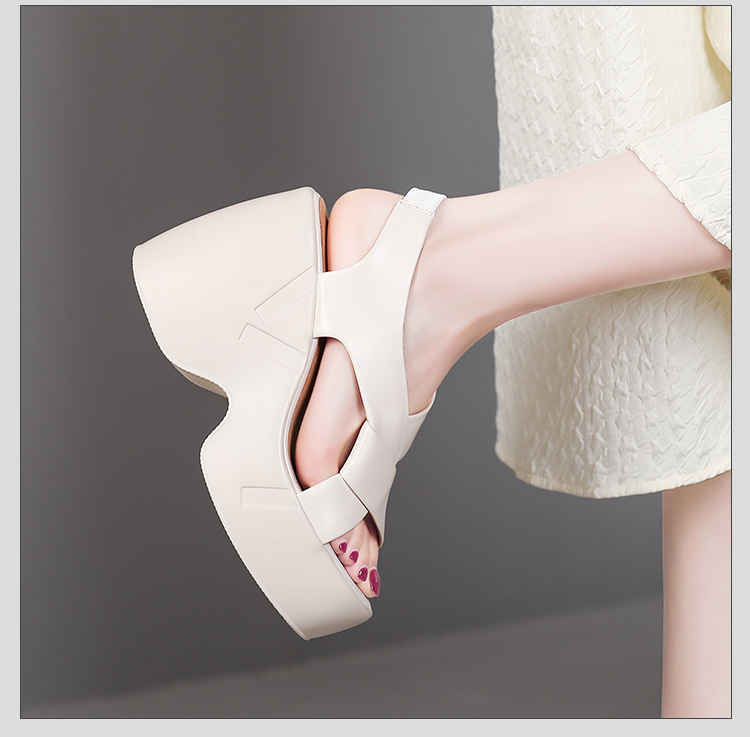 Sandal cao gót nữ hở mũi phong cách La Mã, đế xuồng, gót 9 cm, da cừu mềm — màu đen, màu trắng ngà chi tiết 12
