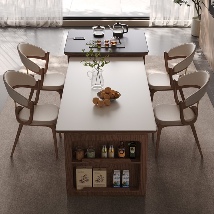 Mesa de mesa de isla de madera maciza mesa de comedor integrada para uso doméstico retráctil, plataforma de guía de alta gama moderna y simple