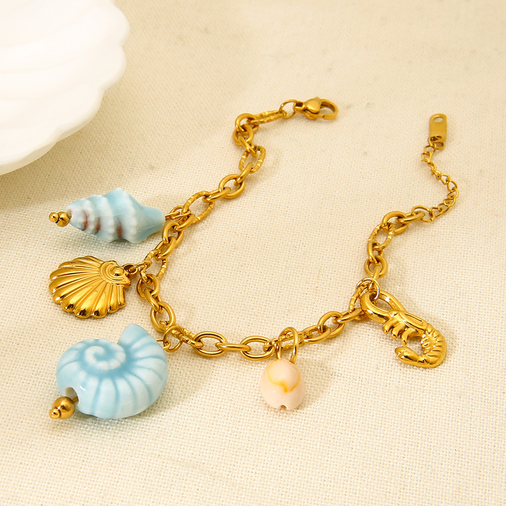 304 Stainless Steel, ceramics Pendant Material Beach Sweet Starfish Conch Shell 304 Stainless Steel Ceramics Figaro Chain Multi Charms Bracelet In Bulk