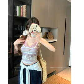 拼接蕾丝假两件v领吊带背心女夏季撞色修身无袖外穿纯欲短款上衣