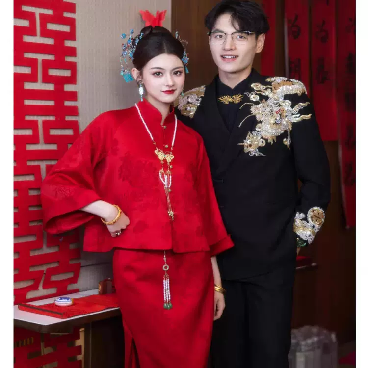 新款敬酒服新娘中式改良旗袍套装结婚红色订婚礼服裙小个子回门宴