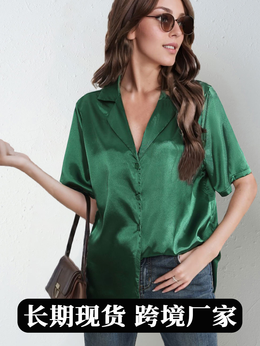 Popular traje de tiro real camisa de satén de las mujeres camisa de manga corta de seda artificial de satén verano nueva ropa de mujer transfronteriza europea y americana
