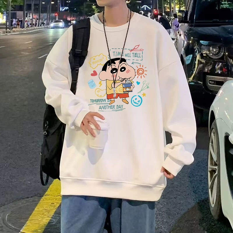 Ранняя осень гонконгского ветра аниме маленький новый с круглым вырезом свитер женская пара футболка с длинными рукавами тонкая сплошная топ