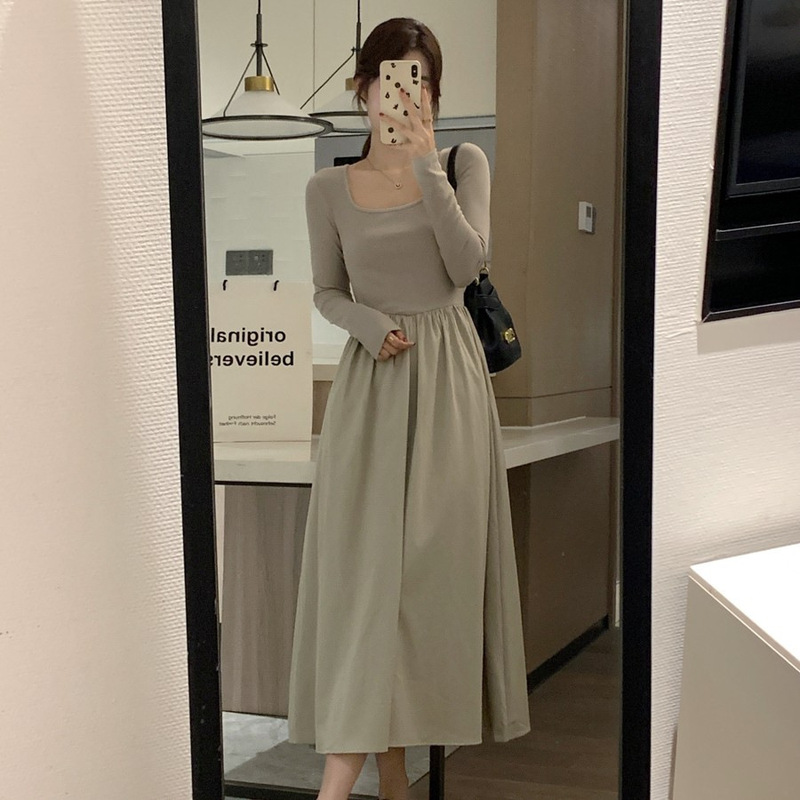 French-Style Hepburn-Inspired Solid Color Long-Sleeve Square-Neck T-Shirt Dress for Women, Spring and Autumn, with a High-End Feel and Elegant A-Line Long Skirt French-Style Hepburn-Inspired Solid Color Long-Sleeve Square-Neck T-Shirt Dress for Women, Spring and Autumn, with a High-End Feel and Elegant A-Line Long Skirt