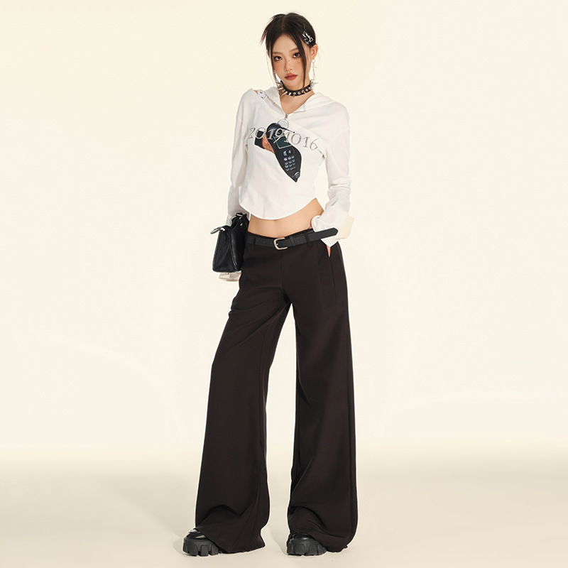 [Today Yin] (Distribution Belt) Black Low Waist Casual Horn Pants Women's Autumn Dummy Loose Pants